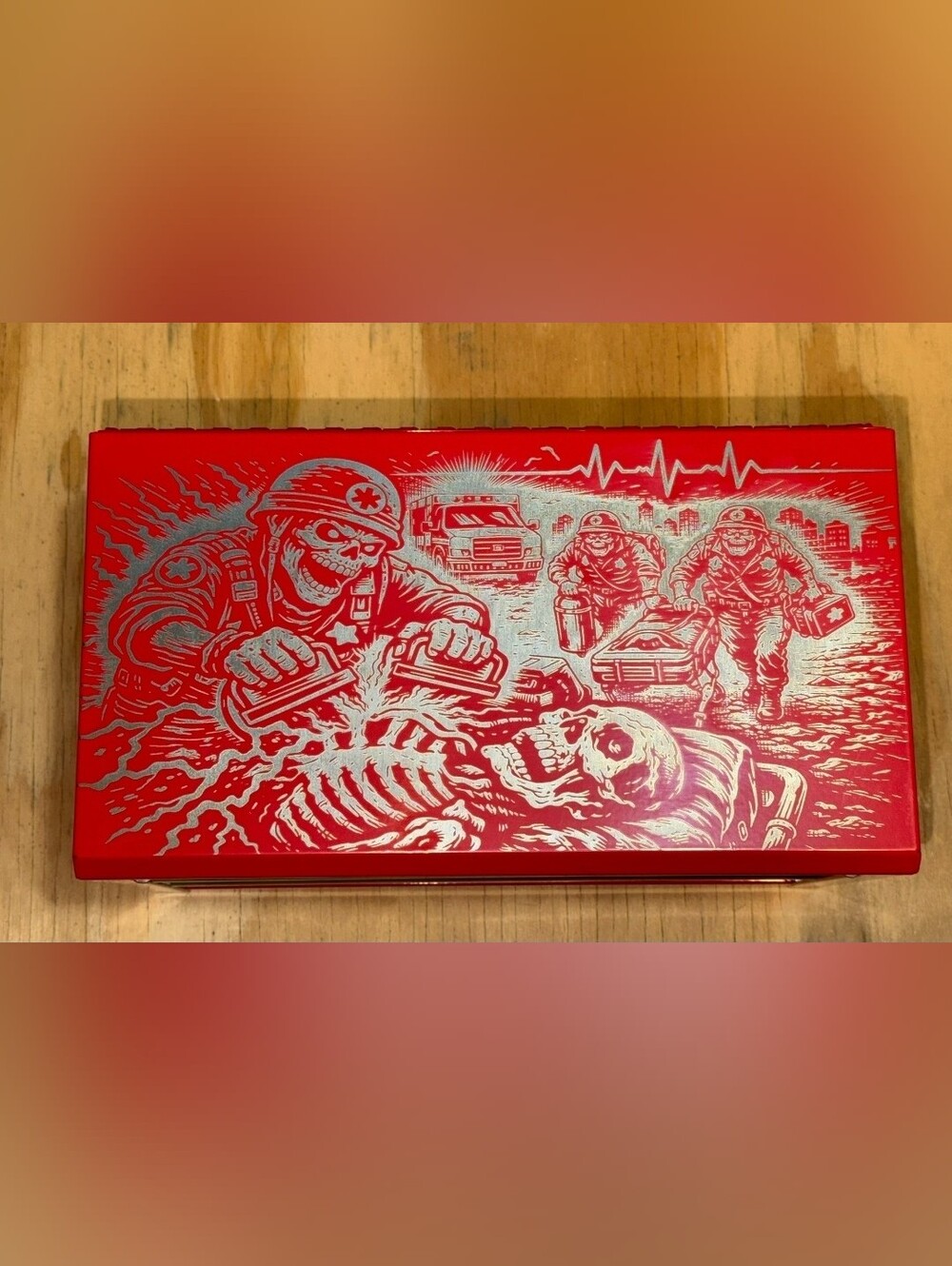 NEW Custom Laser engraved Mini Metal tool box Zombie Medic Red & Silver Army War